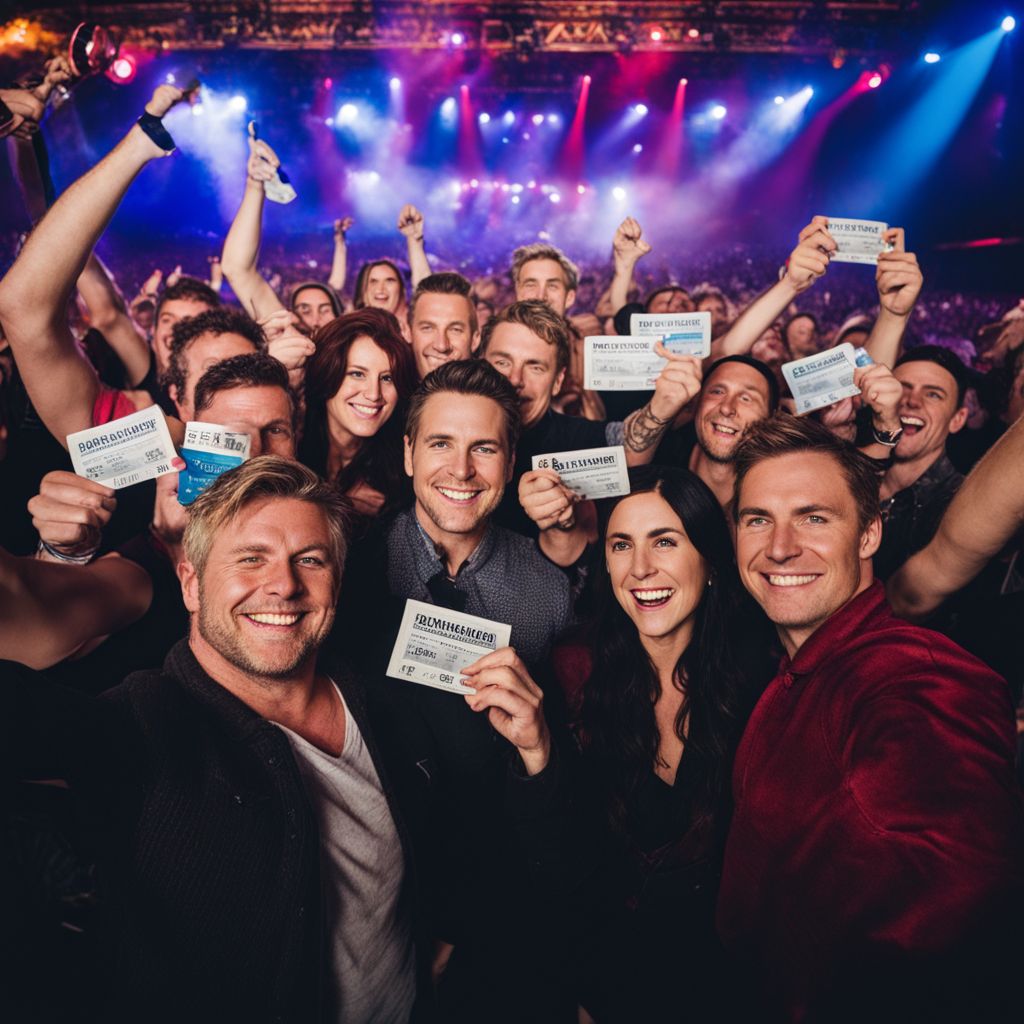 Fans excitedly holding Barenaked Ladies concert tickets in front of vibrant venue.