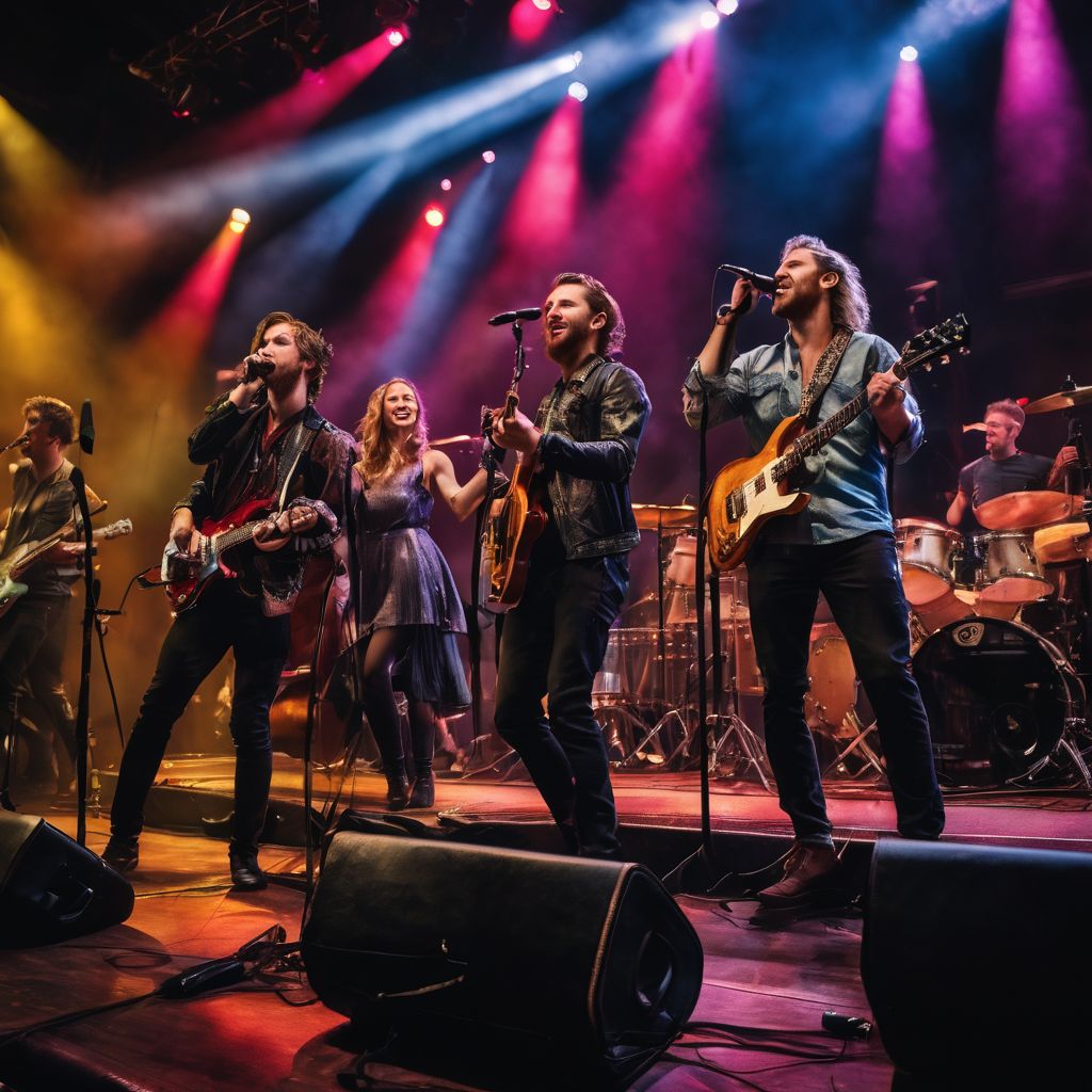 A lively, diverse band performing rock music on a well-lit stage.